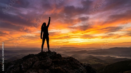 Triumphant Person Standing On Mountain Peak
