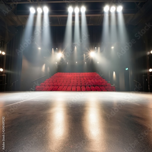 Bright Stage Lights Shine in an Empty Theater Before the Start of a Performan...