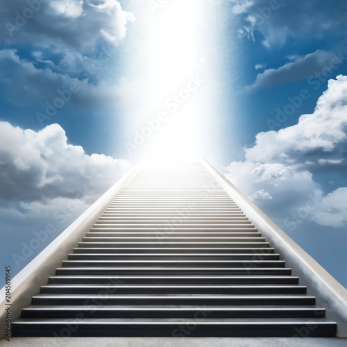 Sunlight Shines Down on Stairs Leading to a Bright Sky With Clouds