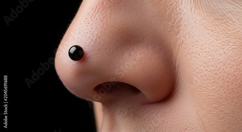 Close-up of nose with piercing jewelry.
