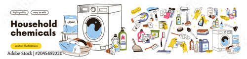 Household chemicals, clean products and supplies set. Housekeeping equipment ...