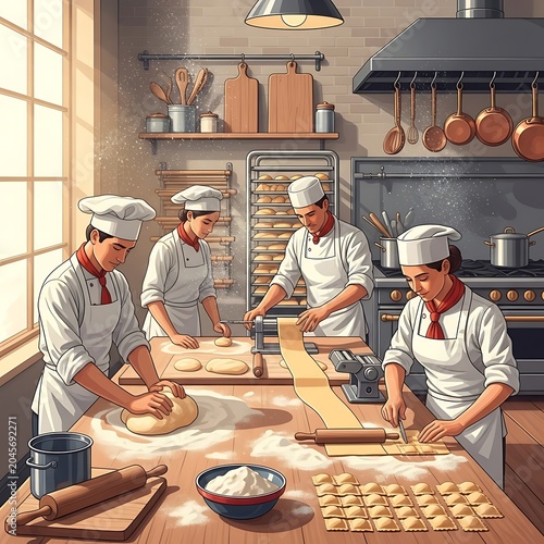 Bakers working in a commercial kitchen.
