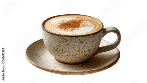 Speckled ceramic cup of cappuccino with cinnamon powder on foam