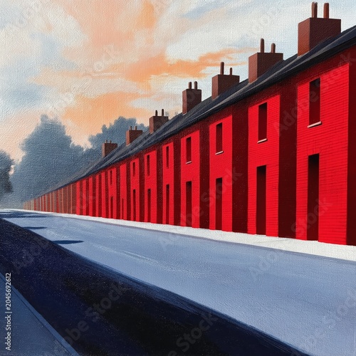 Red Brick Houses Line a Quiet Street on a Sunny Day With Blue Sky and White C...