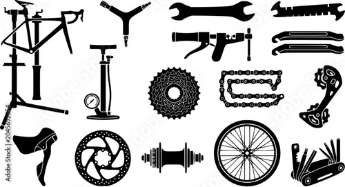 Set of bicycle repair tools and professional bike workshop equipment including frame, cassette, chain, and wheel components in black silhouette.