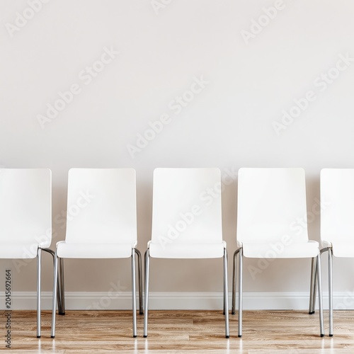 White Chairs Lined up Against a Plain Wall in a Bright Indoor Space During Da...