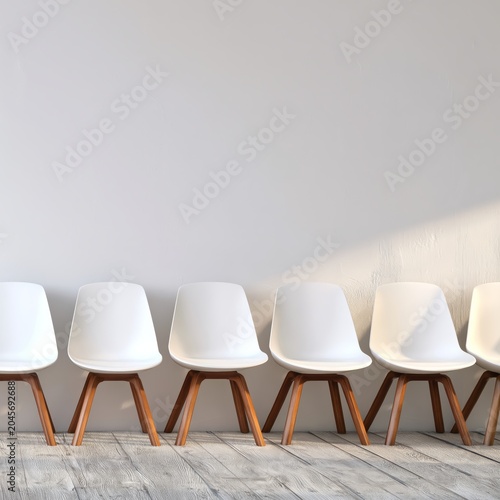 Simple White Chairs in a Row Against a Light Wall in a Bright Room During Day...