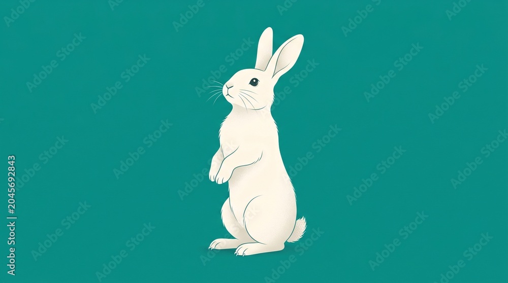 Obraz premium Minimalist White Bunny Standing Upright Alert Teal Background Curious Observing Art