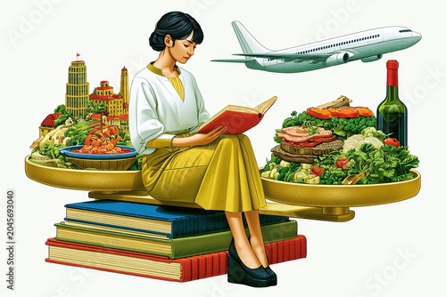 Travel planner woman reading book, balancing food, flight, and city skyline on stack of book