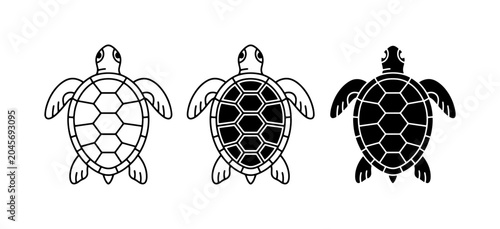 Schilderij op canvas Sea Turtle Icons, Marine Life Vector Graphics, Ocean Animal Silhouettes, Set of