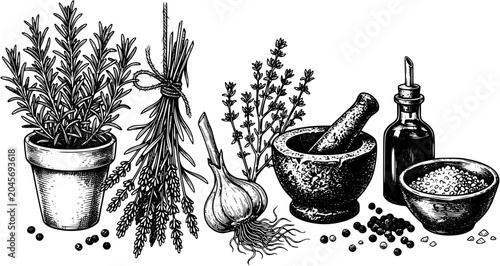 Hand drawn culinary herbs and spices with mortar and pestle, rosemary in pot and lavender bouquet with garlic and peppercorns