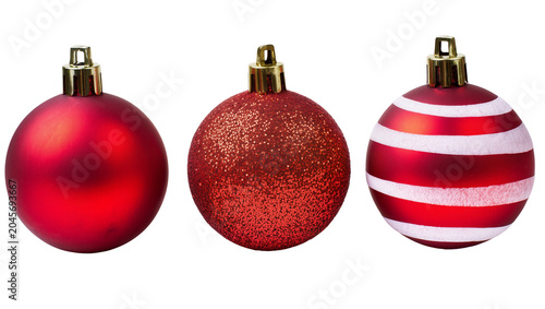 Three red Christmas ornaments with gold caps