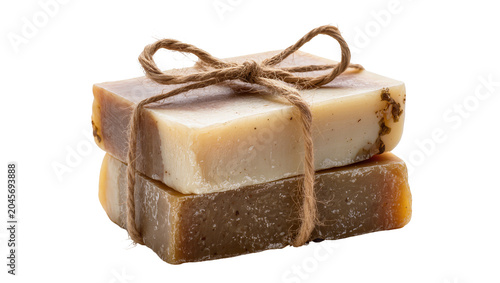Two stacked handmade soaps tied with twine bow