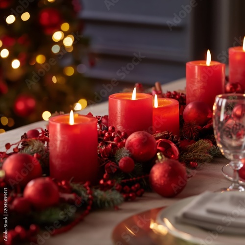 Decorative Table Setting With Red Candles and Christmas Ornaments for Holiday...