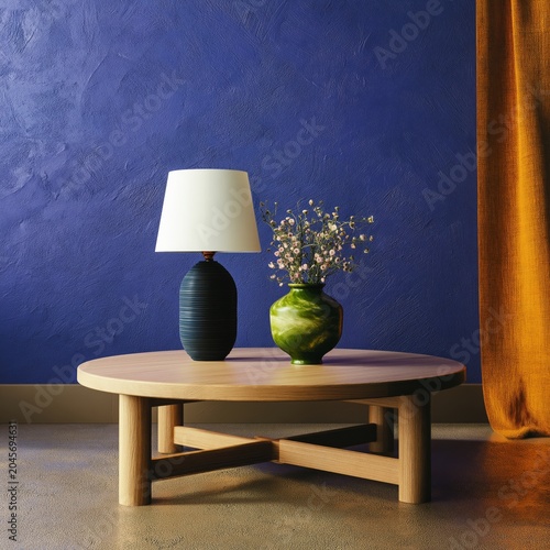 Table With Lamp and Vase in a Room With Colored Walls