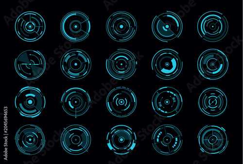HUD navigation tracking sonar, aim control target interface element. Digital circle screens of submarine sonar, airplane or spaceship radar for target detect, military, war and Sci Fi game UI set