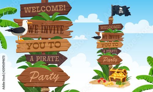Fotografía Pirate party invitation with wooden signboard, skull black flag and corsair chest, funny crab and seagull at treasure island
