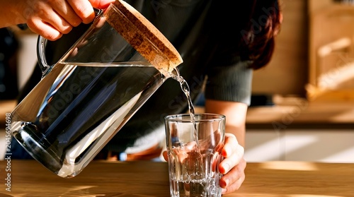 Close-up of a person pouring fresh water from a glass carafe with a cork lid into a glass on a wooden table, conceptualizing body hydration, health editorial, and daily wellness.