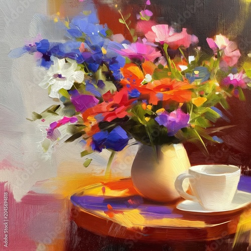 Bright Flowers and Coffee Cup on Wooden Table With Simple Cloth in Soft Light