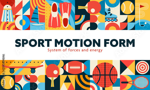 Sport banner with mosaic geometric pattern elements and abstract shapes on background. Sport pattern of geometric soccer or football, rugby and tennis or golf ball with basketball and skateboard