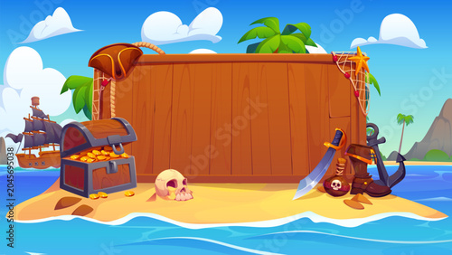 Tableau sur toile Wooden signboard with pirate tricorn, weapons, sea anchor and treasure chest