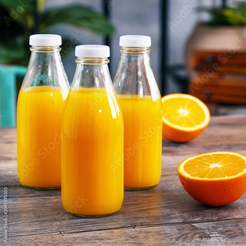 Freshly Squeezed Orange Juice Bottles on a Table With Orange Slices in the Ba...