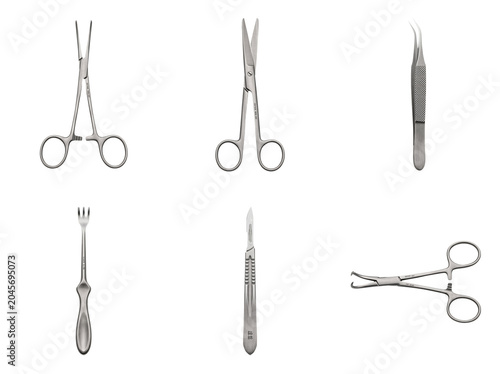 Photos Essential surgical instruments including a scalpel, forceps, clamps, and scissors on transparent background