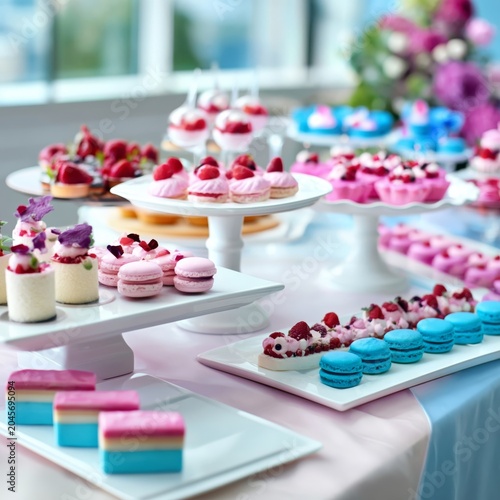 Colorful Dessert Display Includes Cupcakes and Cakes at a Party Table