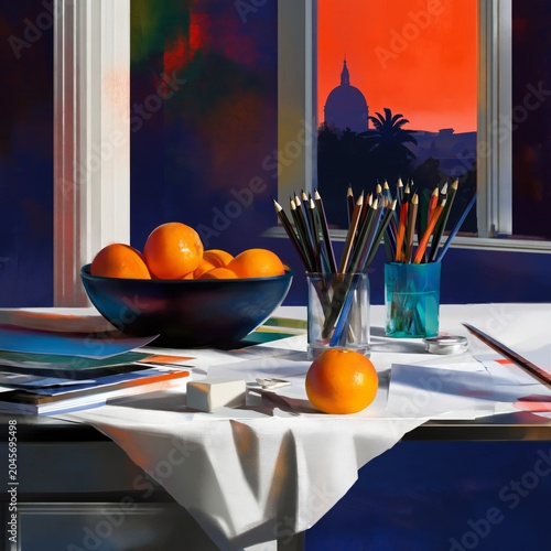 Colorful Items on a Table With Oranges and Stationery in a Bright Setting