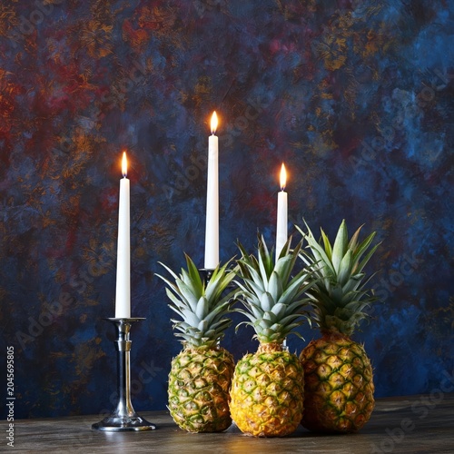 Pineapples With Candles on Wooden Table in Front of Blue Artistic Background