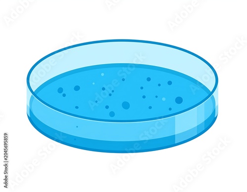 A transparent glass dish containing blue liquid with multiple darker specks inside, isolated on white