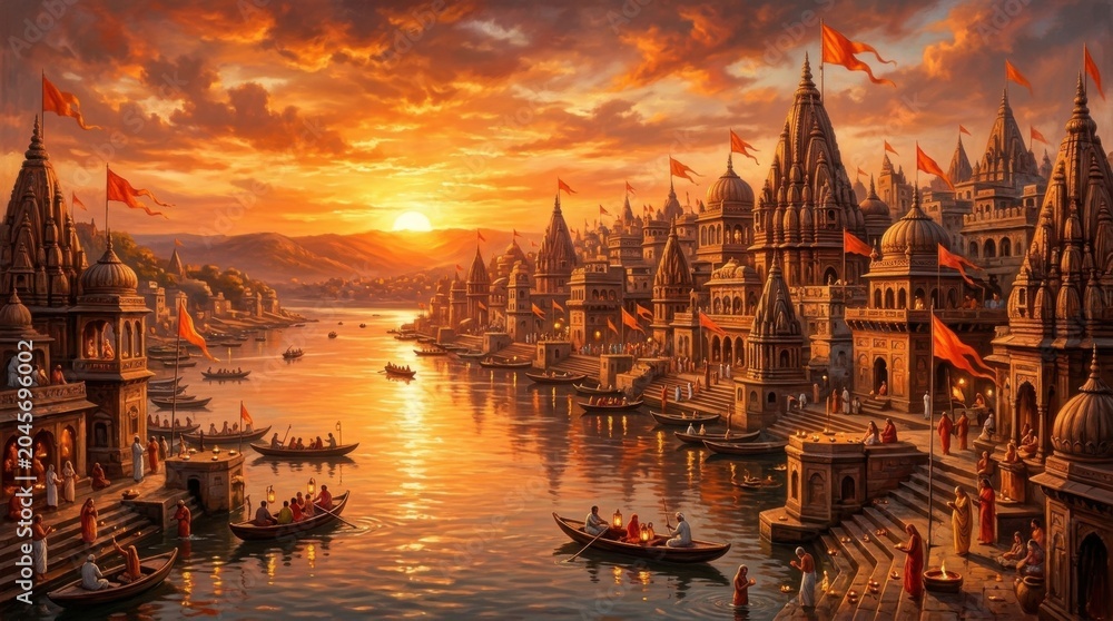 Naklejka premium Fantasy Medieval City At Sunset River