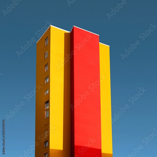 Building With Red and Yellow Facade in Urban Area Under Clear Blue Sky