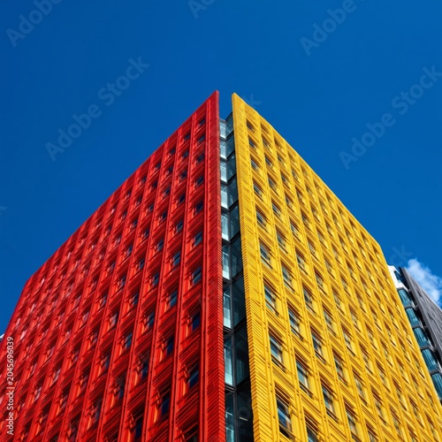 Building With Red and Yellow Facade in Urban Area Under Clear Blue Sky