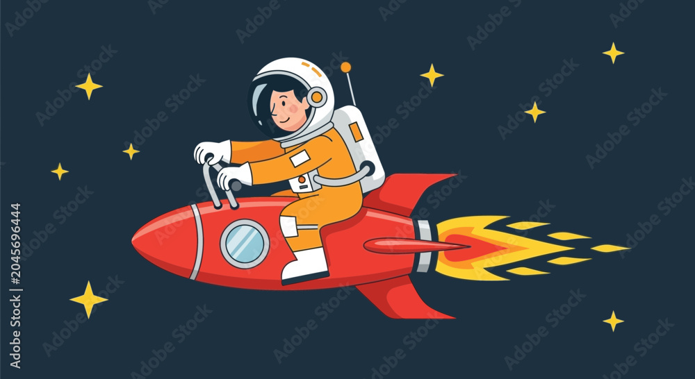 Fototapeta premium Astronaut riding a rocket in space with stars and dark blue background