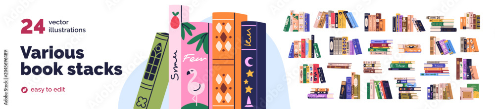 Naklejka premium Set of books. Library, encyclopedia, dictionary rows and stacks, cover spines. Novels and education literature for reading, knowledge and study. Flat vector illustration isolated on white background