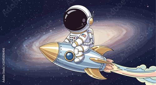 Astronaut riding a rocket in space against galaxy background illustration