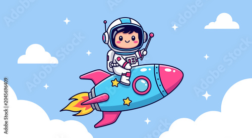 Astronaut riding a rocket in space cartoon illustration on blue sky