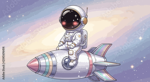 Astronaut riding a rocket in space cartoon illustration for creative projects
