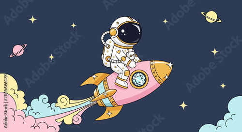 Astronaut riding a rocket in space with planets and stars illustration
