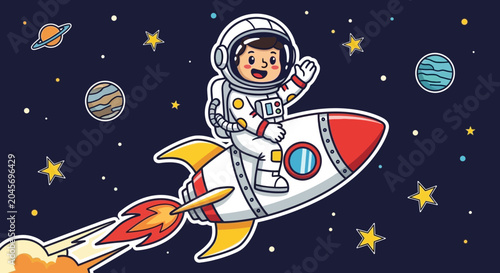 Astronaut riding a rocket in space with planets and stars illustration