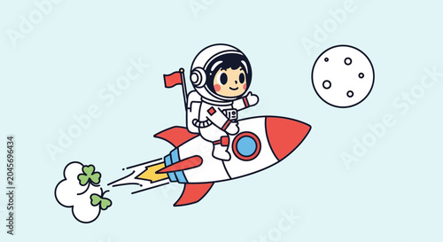 Astronaut riding a rocket in space with moon illustration for childrens design