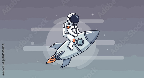 Astronaut riding a rocket in space illustration with stars and planet
