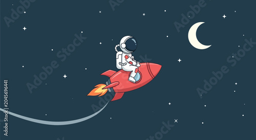 Astronaut riding a rocket in space under a crescent moon vector illustration