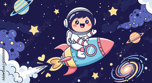 Astronaut riding a rocket in space with planets and stars illustration