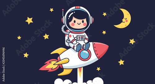 Astronaut riding a rocket in space with stars and crescent moon illustration