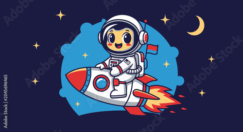 Astronaut riding a rocket in space with stars and moon illustration