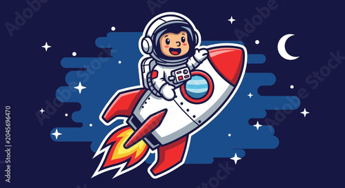 Astronaut riding a rocket in space with stars and moon illustration
