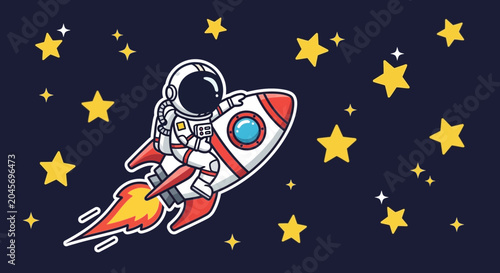 Astronaut riding a rocket in space with stars cartoon illustration