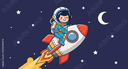 Astronaut riding a rocket in space with stars and moon illustration